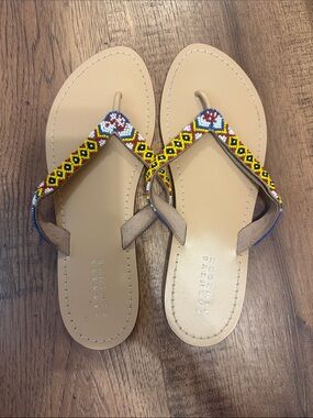 Barneys New York Tan Beaded Thong Sandals with Yellow, Blue and Red Accents